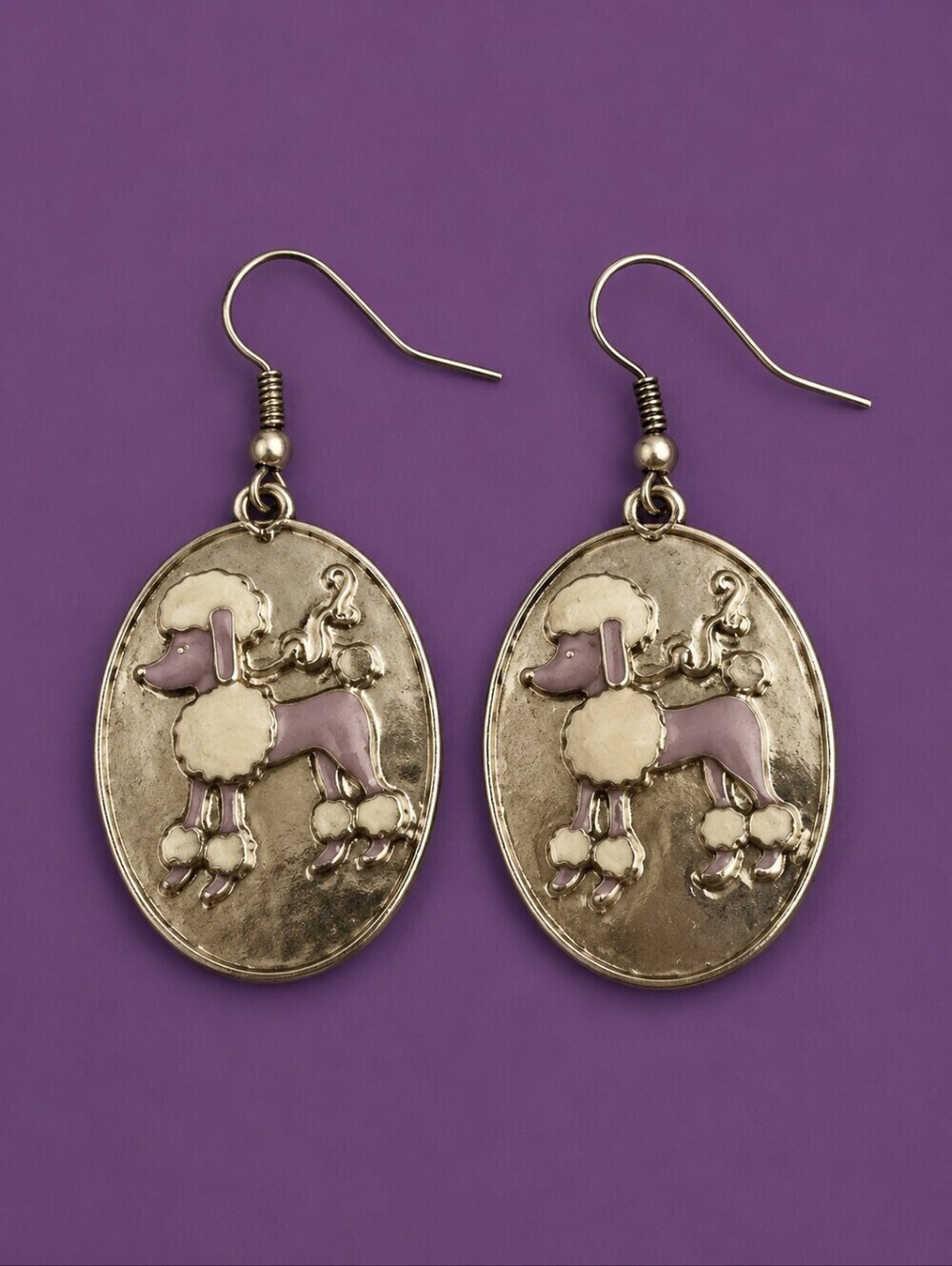 3/$30 Silver Oval Purple Poodle Dangle Hook Earrings